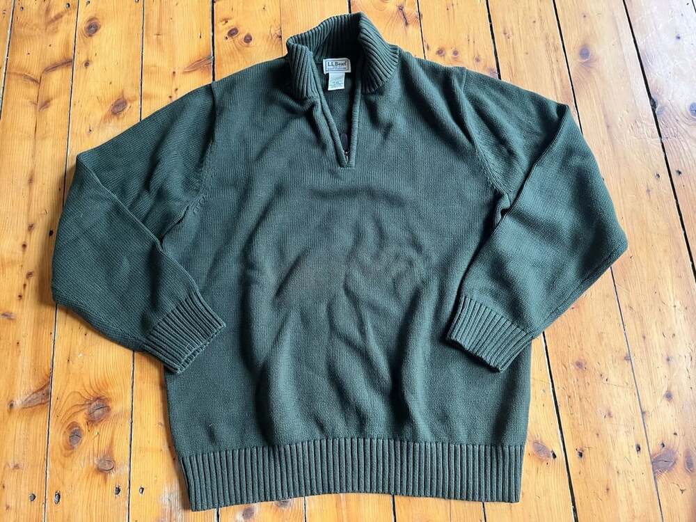 LL Bean Cotton Quarter Zip Sweater Large Green Ribbed Pullover Old Money